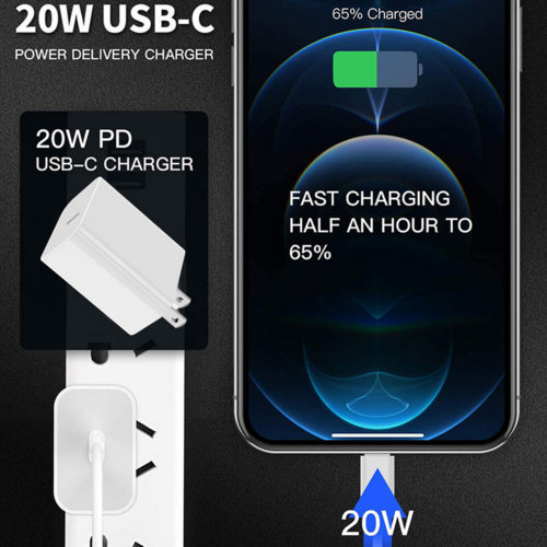 20W USB-C power delivery charger with smartphone charging illustration on a black background