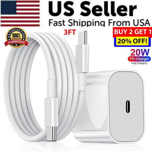 White USB-C cable 3ft and charger with promotional text on a white background