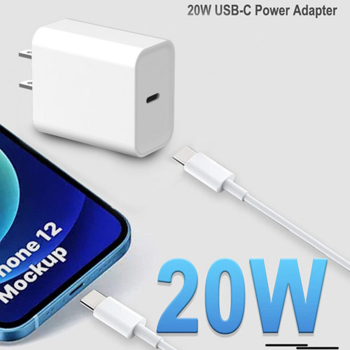 20W USB-C power adapter with smartphone and cable on a light gray background