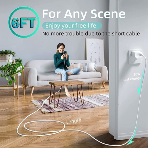 Woman sitting on a couch using a device with a long cable in a living room setting.