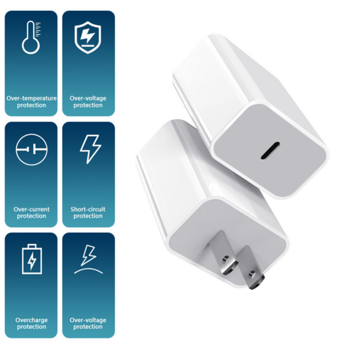 White charging adapter with safety icons on a white background