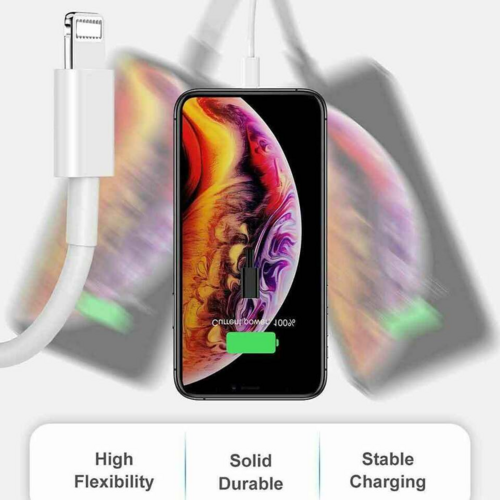 Smartphone with colorful display and charging cable on a white background