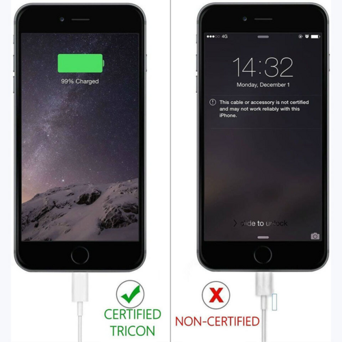 Two iPhones, one charging with a green battery icon and the other displaying a lock screen message, on a white background.
