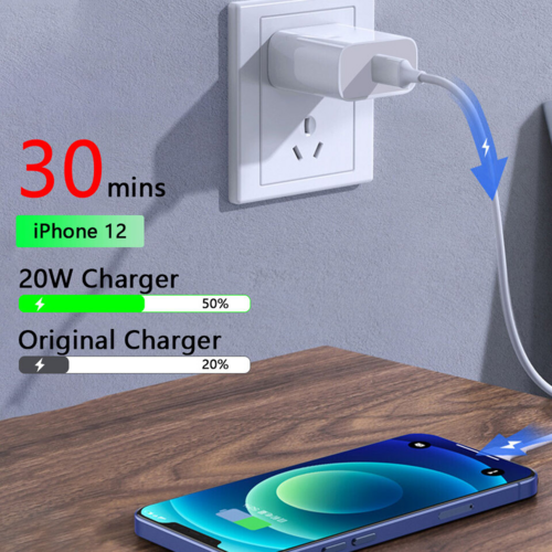 Phone charging with text indicating 30 minutes to charge an iPhone 12 using a 20W charger.