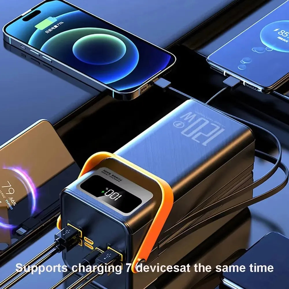 Power bank charging multiple devices with text indicating capability to charge 7 devices simultaneously.