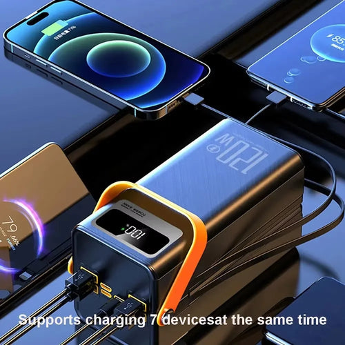 Power bank charging multiple devices with text indicating capability to charge 7 devices simultaneously.