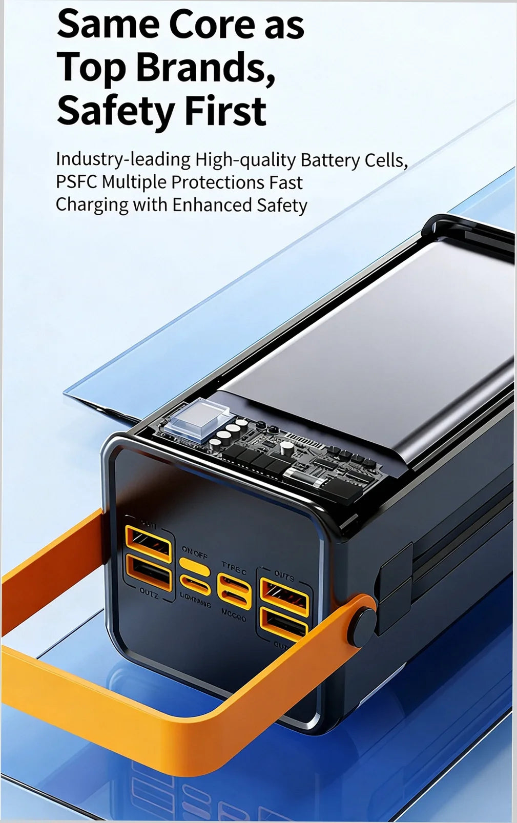 Portable power bank with charging ports and text about safety and quality.