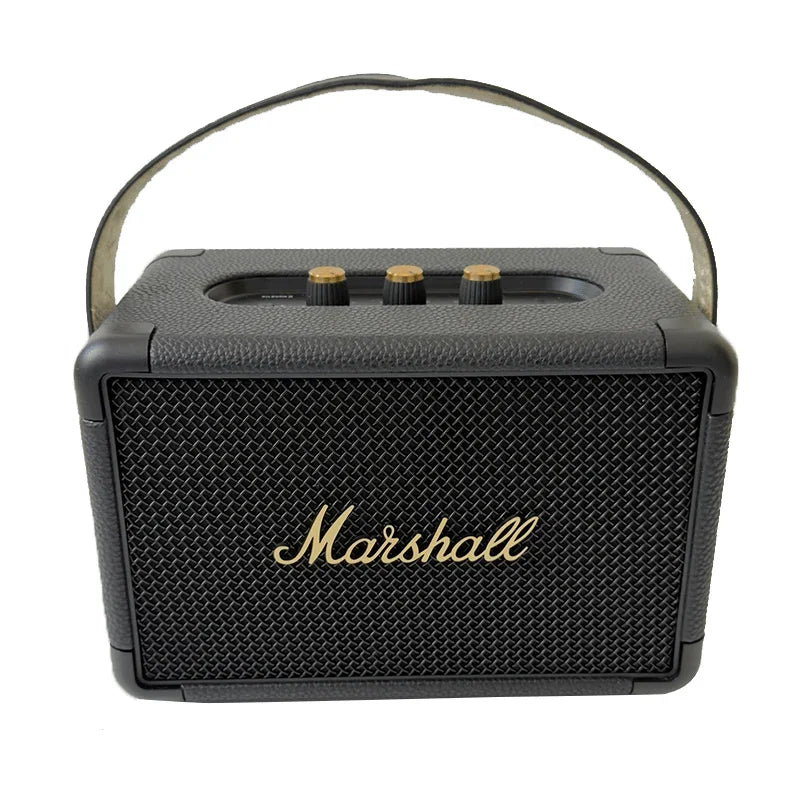 Black Marshall speaker with gold logo on a white background