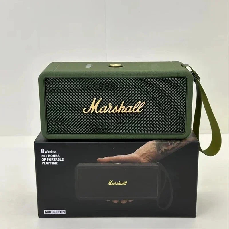 Green Marshall speaker with gold logo on a white background