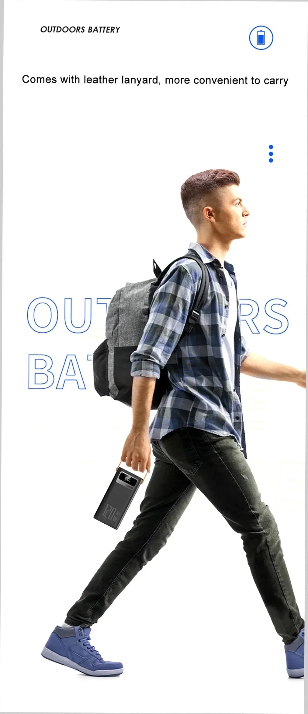 Man walking with a backpack and phone case, featuring 'Outdoors' branding.