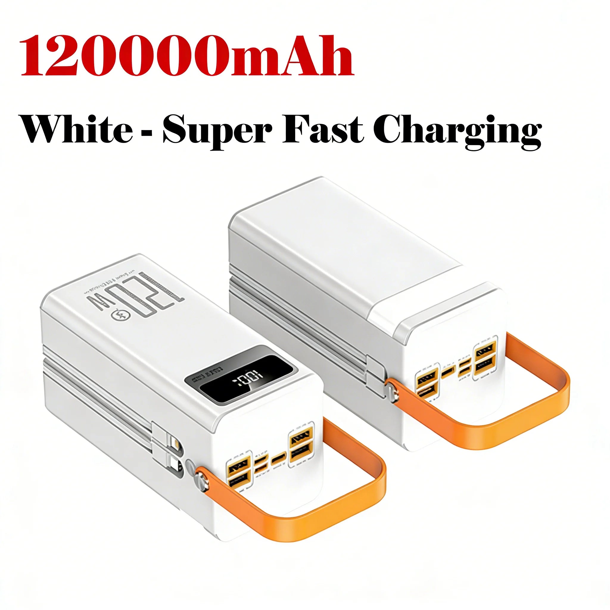 White power bank with USB ports and '120000mAh' text on a white background