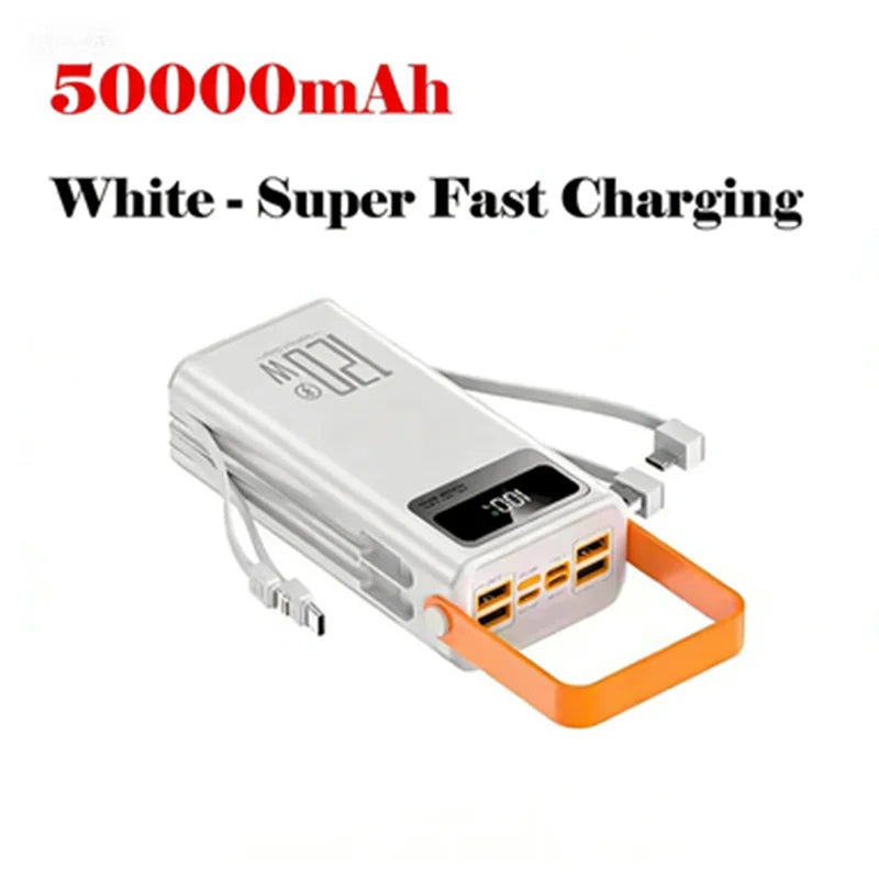 White power bank with multiple ports and '50000mAh' text on a white background