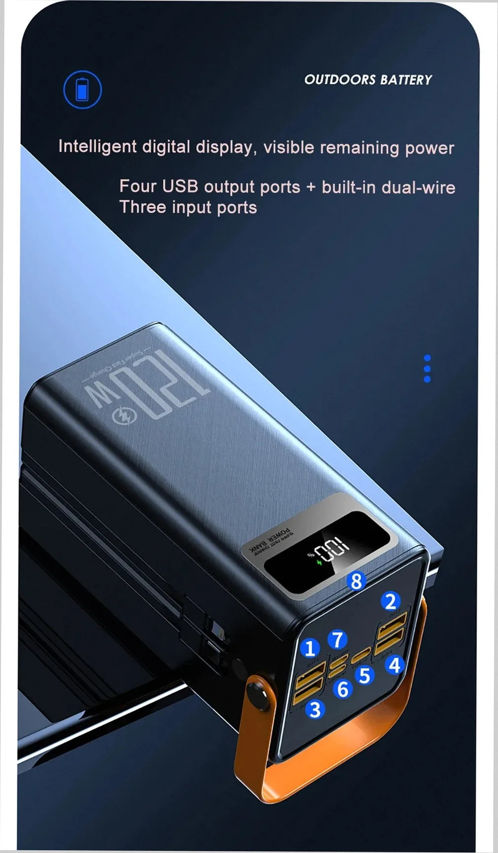 Portable battery pack with digital display and multiple ports on a dark background