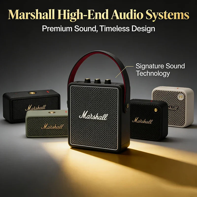 Marshall high-end audio systems with 'Signature Sound Technology' on a dark background