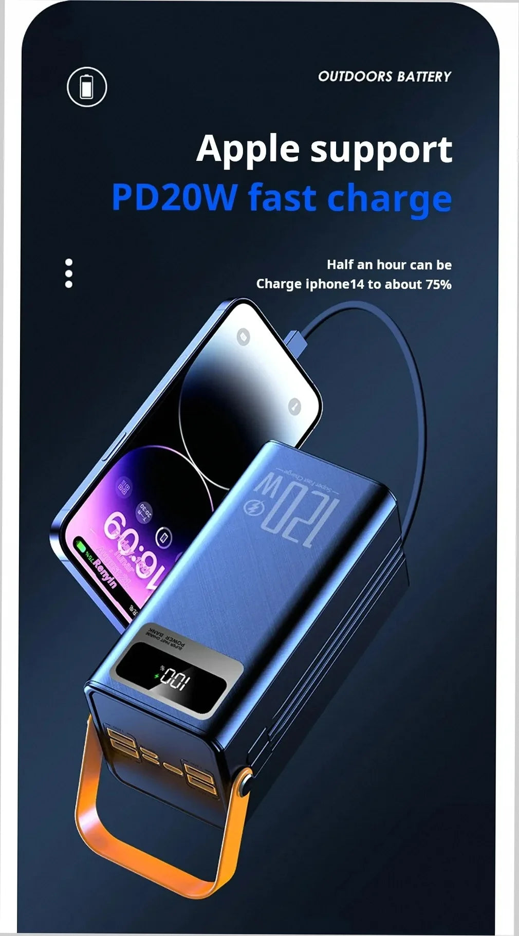 Portable power bank with smartphone on a dark background, featuring Apple support for PD20W fast charge.