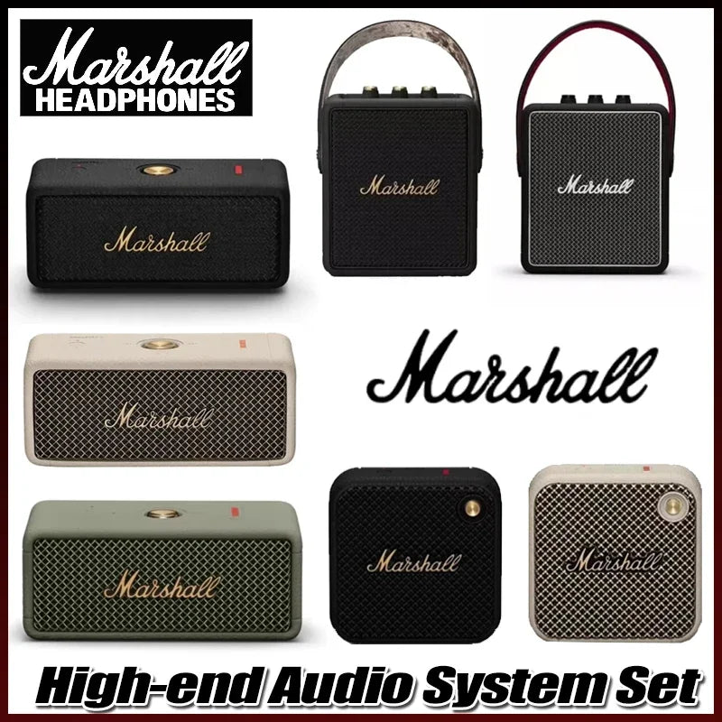 Collage of Marshall portable speakers with the brand name displayed.