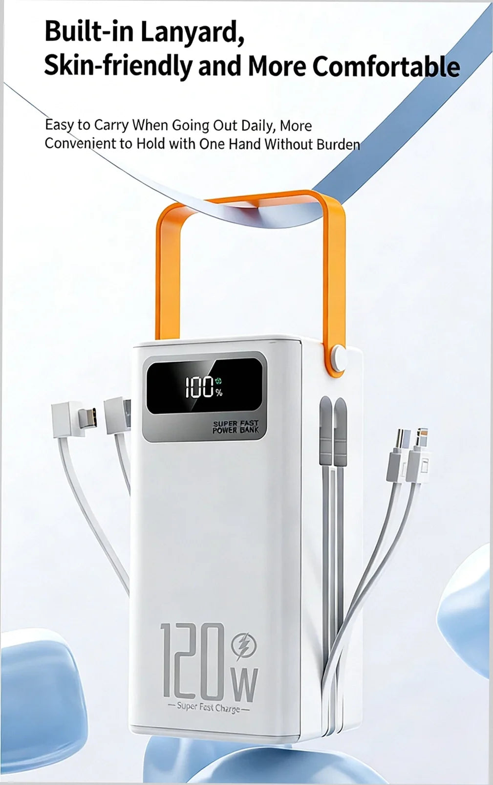 Power bank with built-in lanyard and multiple cables on a light blue background