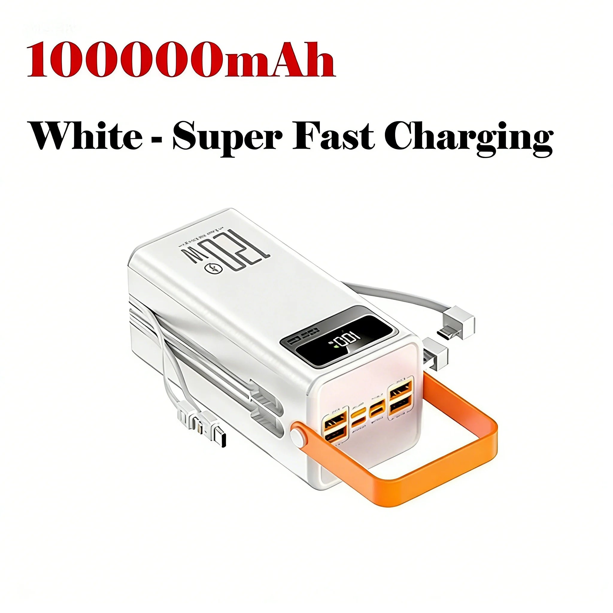 White power bank with USB ports and digital display on a white background, labeled '100000mAh' and 'Super Fast Charging'.