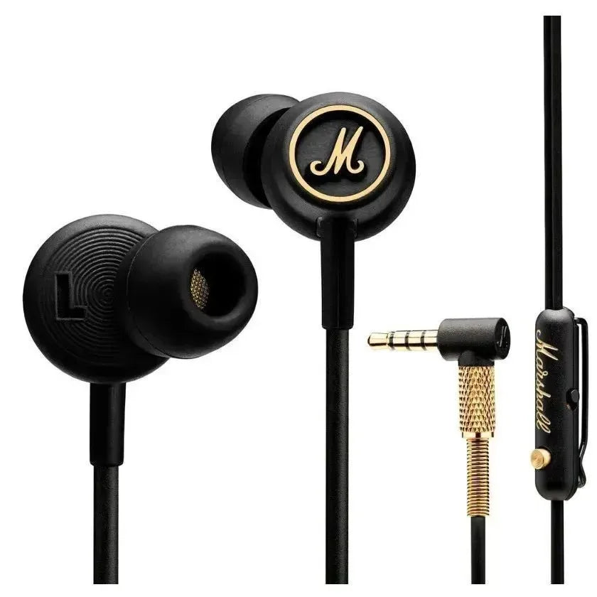 Black in-ear headphones with gold accents on a white background