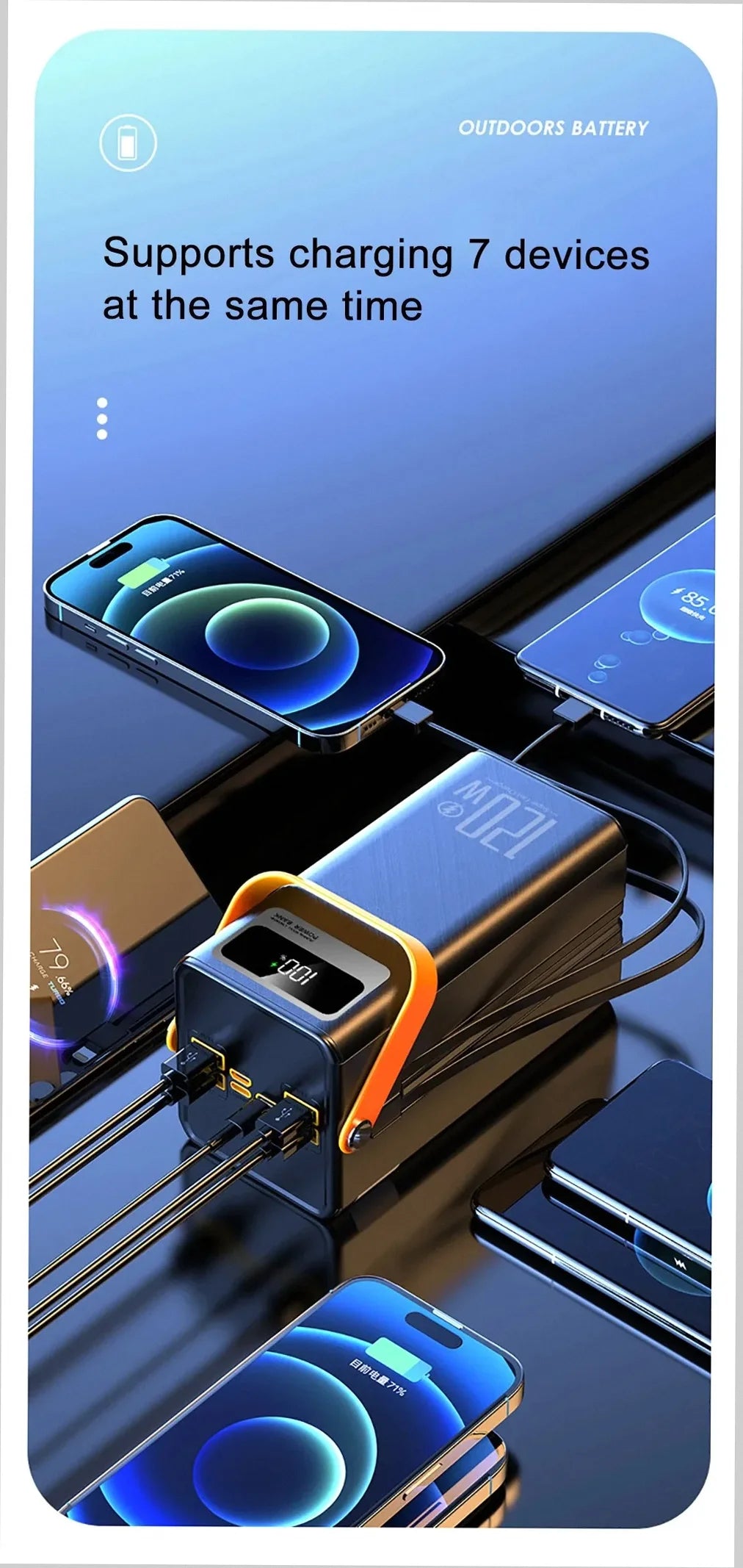 Outdoor battery charger with multiple devices charging simultaneously on a blue background