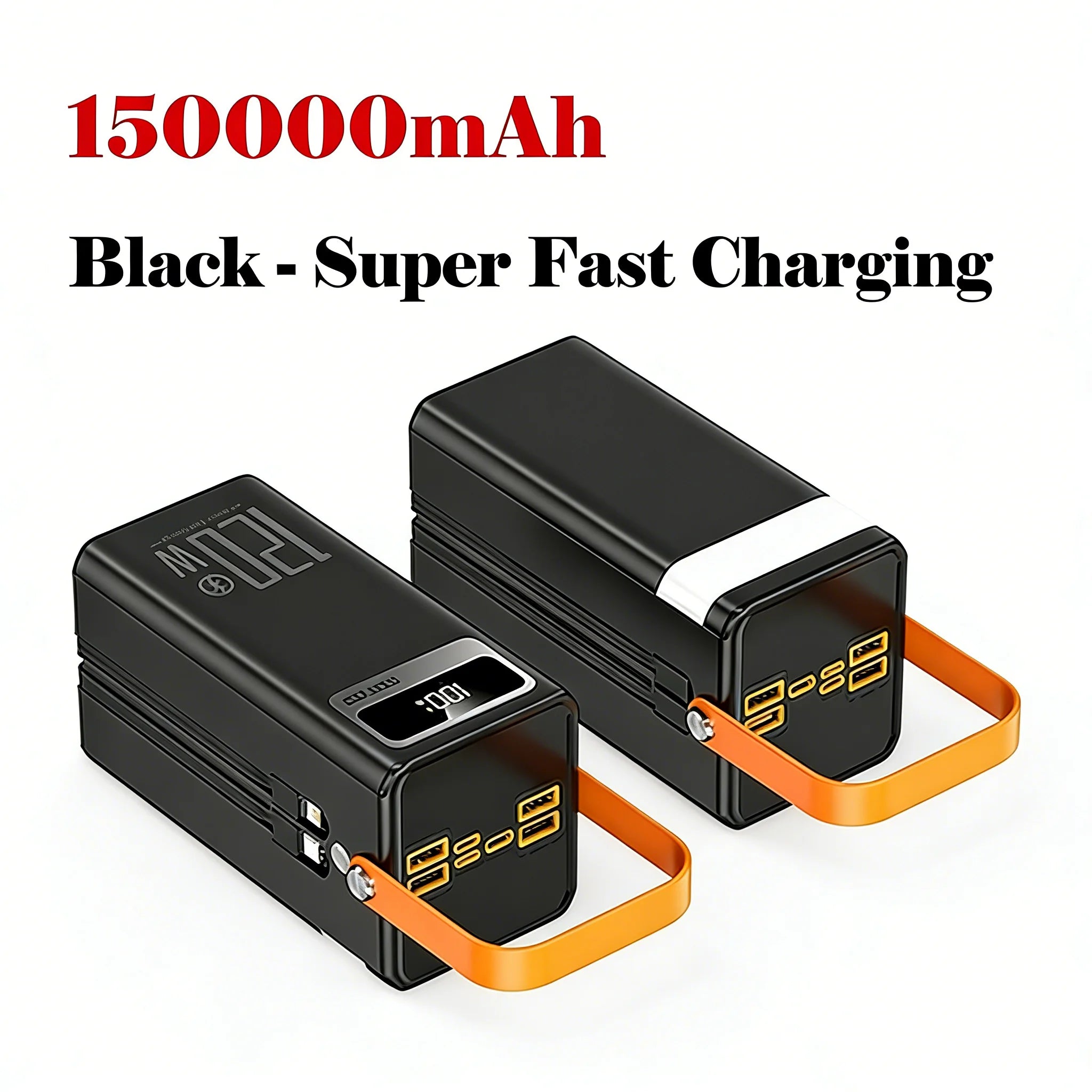Two black battery packs with orange straps and '150000mAh' text on a white background.