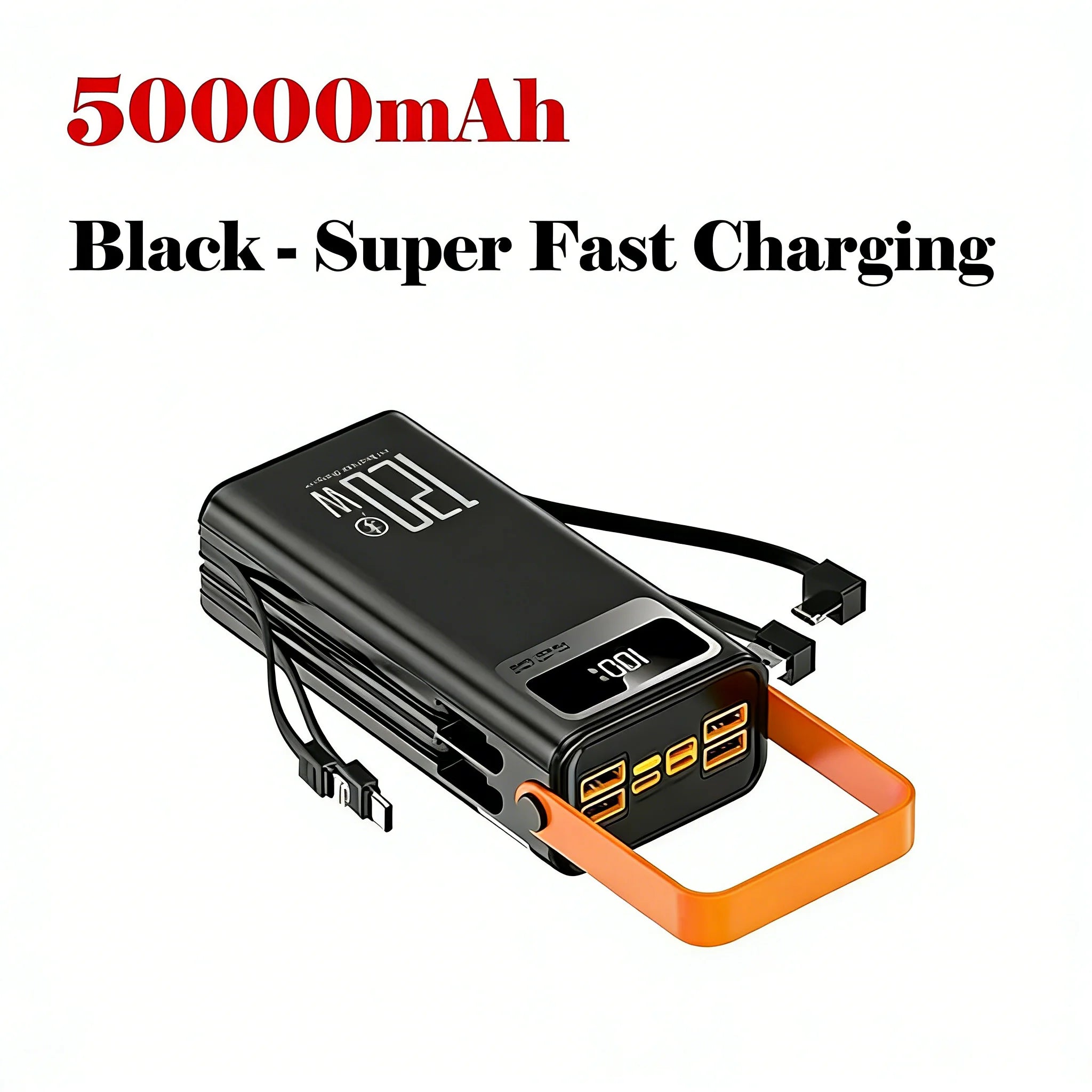 Black power bank with orange accent and '50000mAh' text on a white background