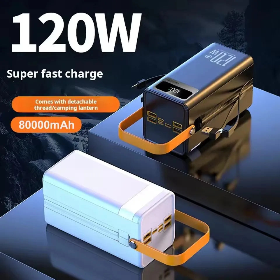 Two power banks with charging cables on a reflective surface, featuring text about power output and additional features.