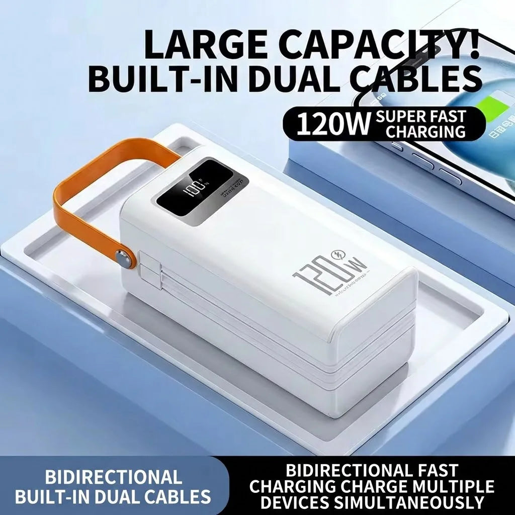 Portable power bank with built-in dual cables and fast charging capabilities on a light blue background.