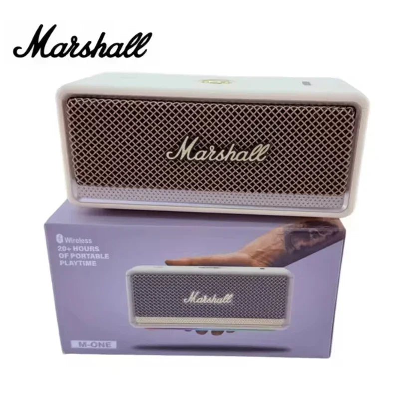 Marshall speaker on top of its packaging box with Marshall logo visible