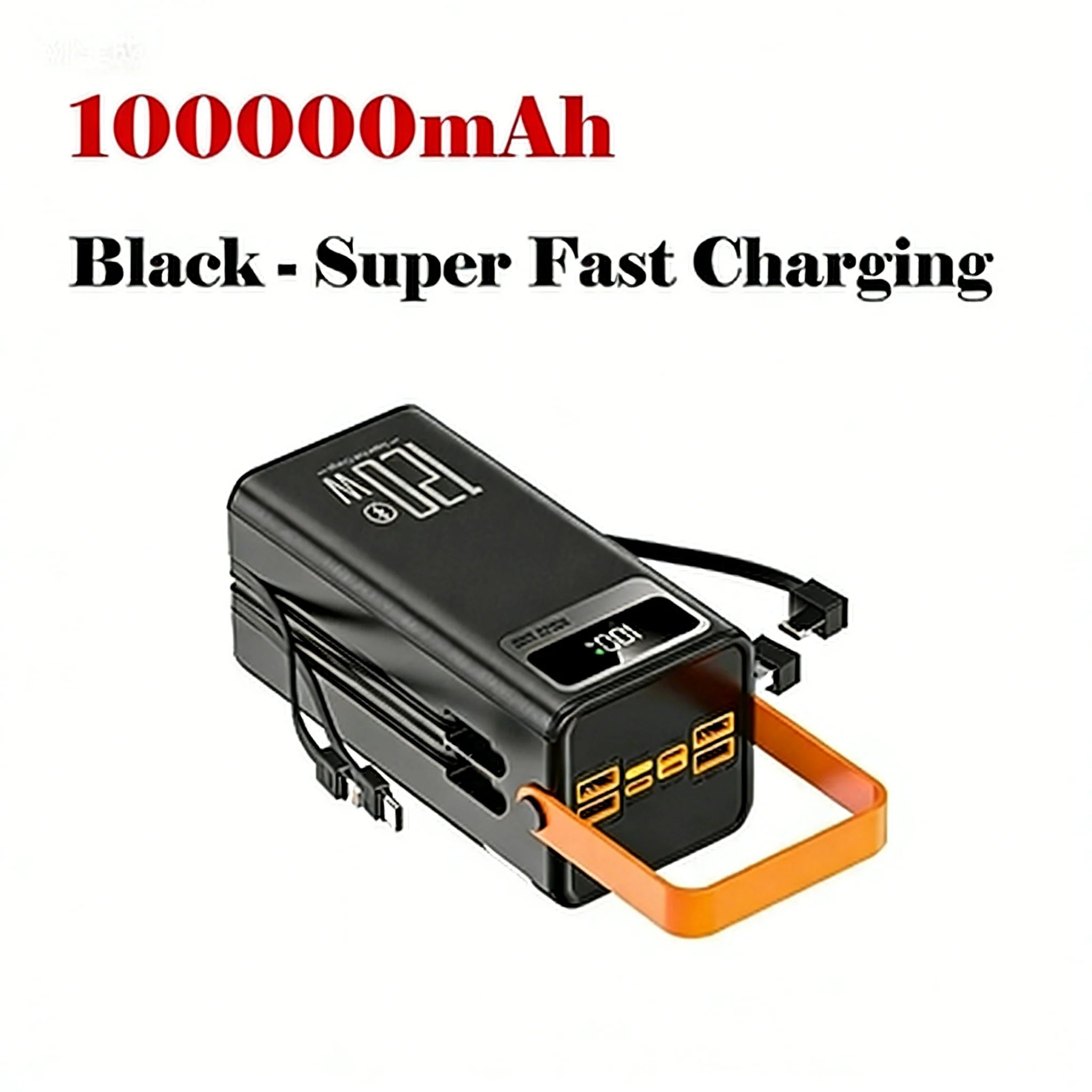 Black power bank with 100000mAh capacity and super fast charging feature on a white background.