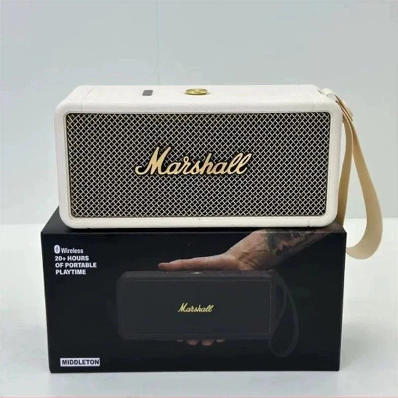 Marshall speaker with packaging on a light gray background