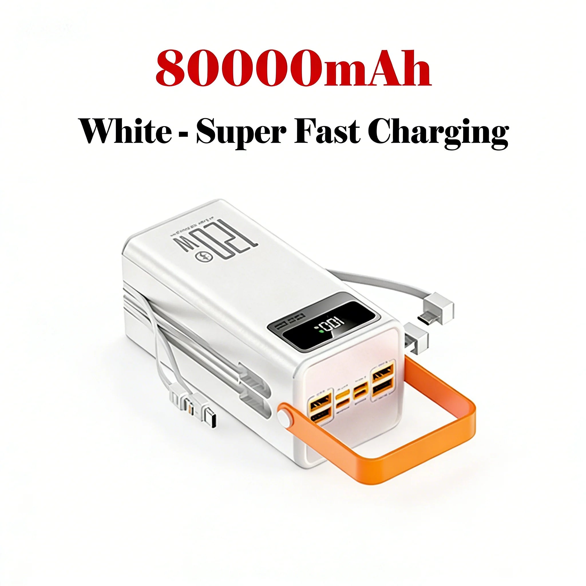White power bank with orange accent and 80000mAh capacity on a white background