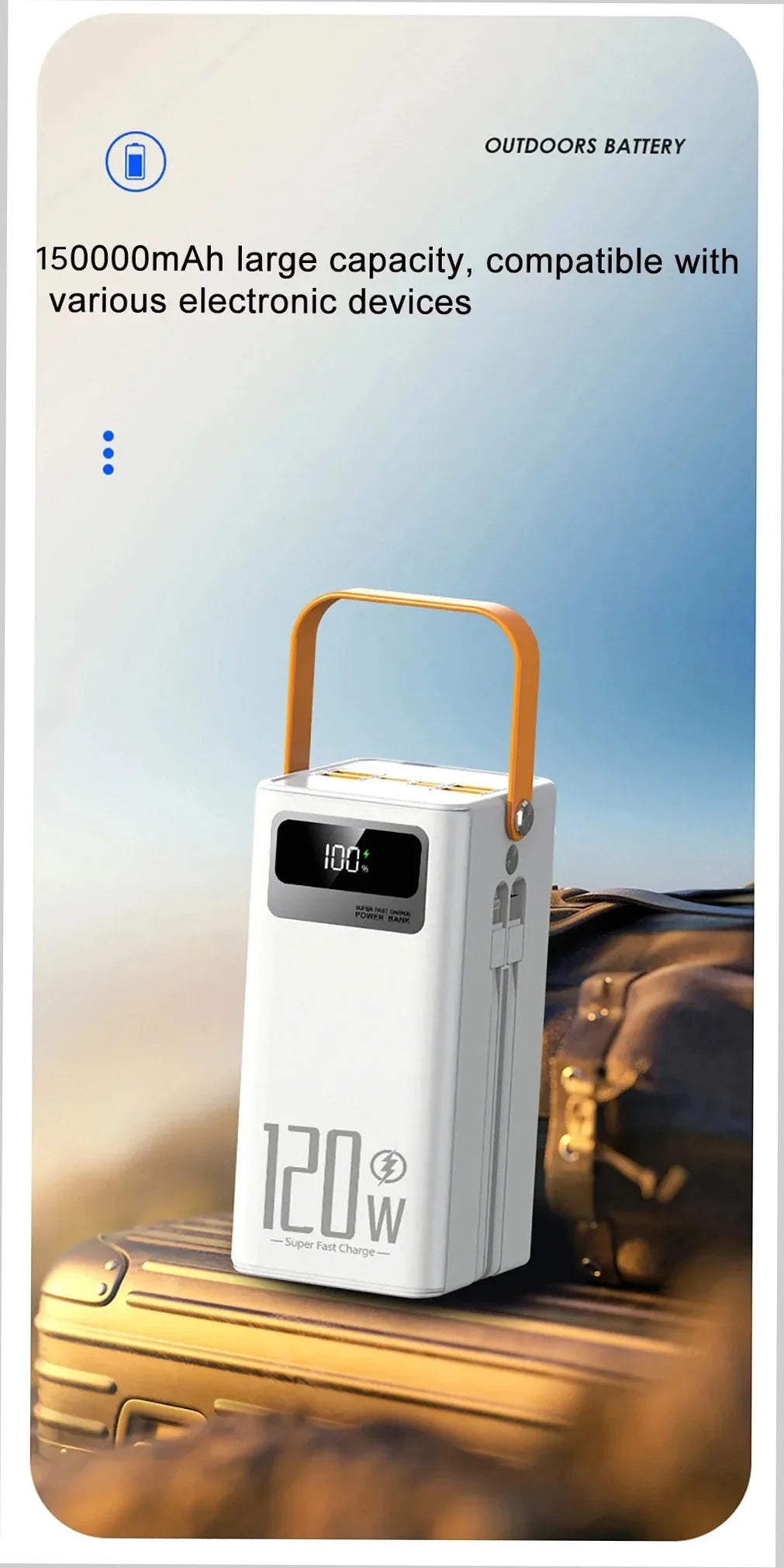 Portable power bank with 150,000mAh capacity and 120W output, suitable for outdoor use.