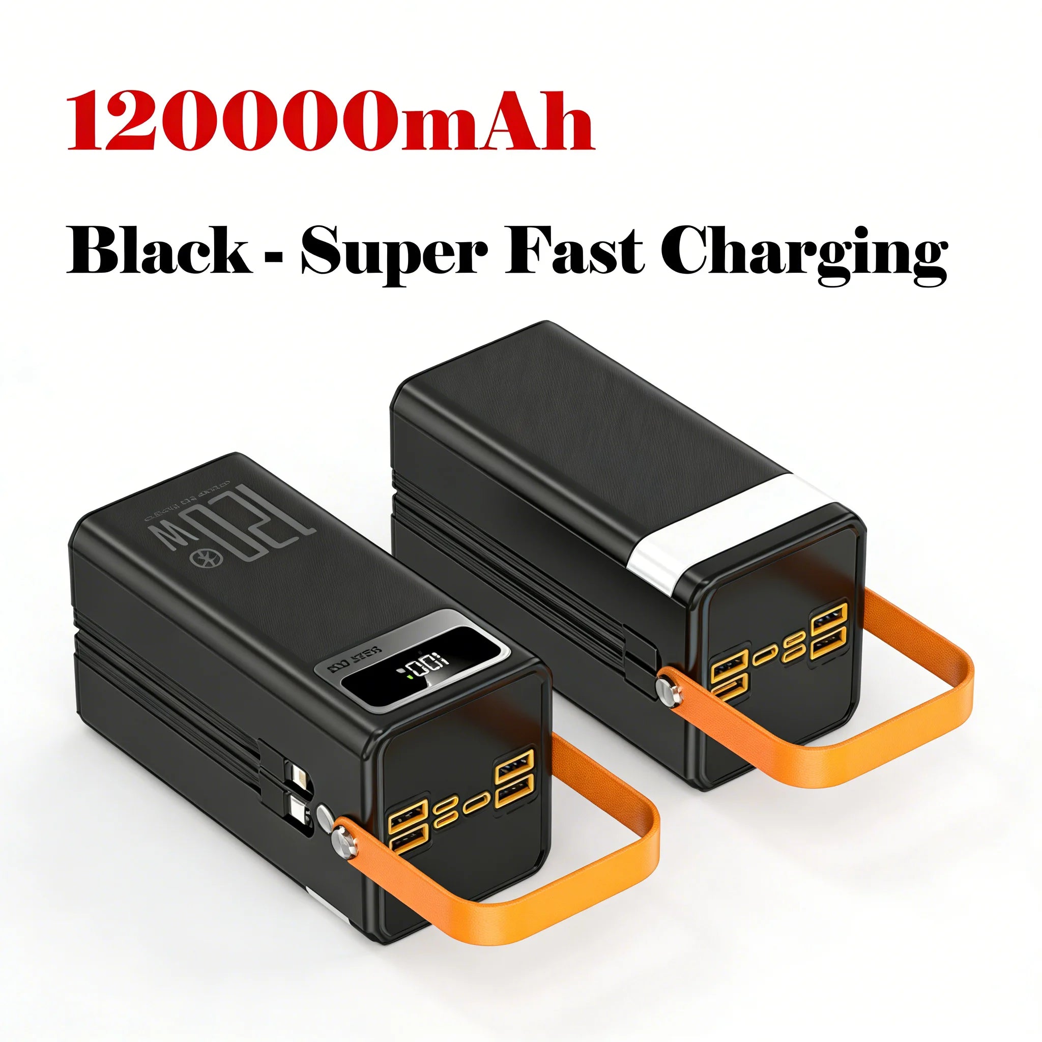 Two black battery packs with orange straps on a white background, labeled '120000mAh' and 'Super Fast Charging'.