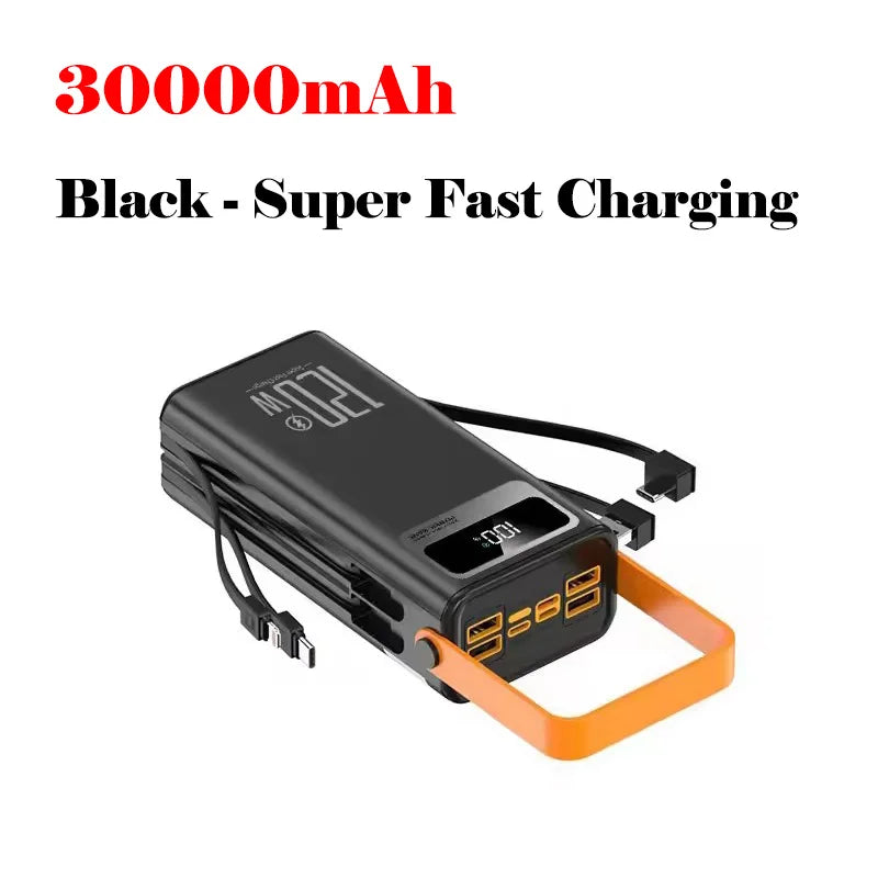 Black power bank with 30000mAh capacity and super fast charging feature on a white background.