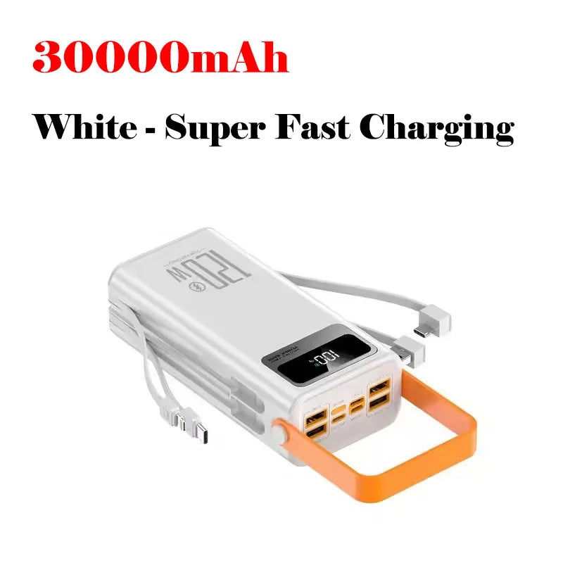 White power bank with orange accent and '30000mAh' text on a white background