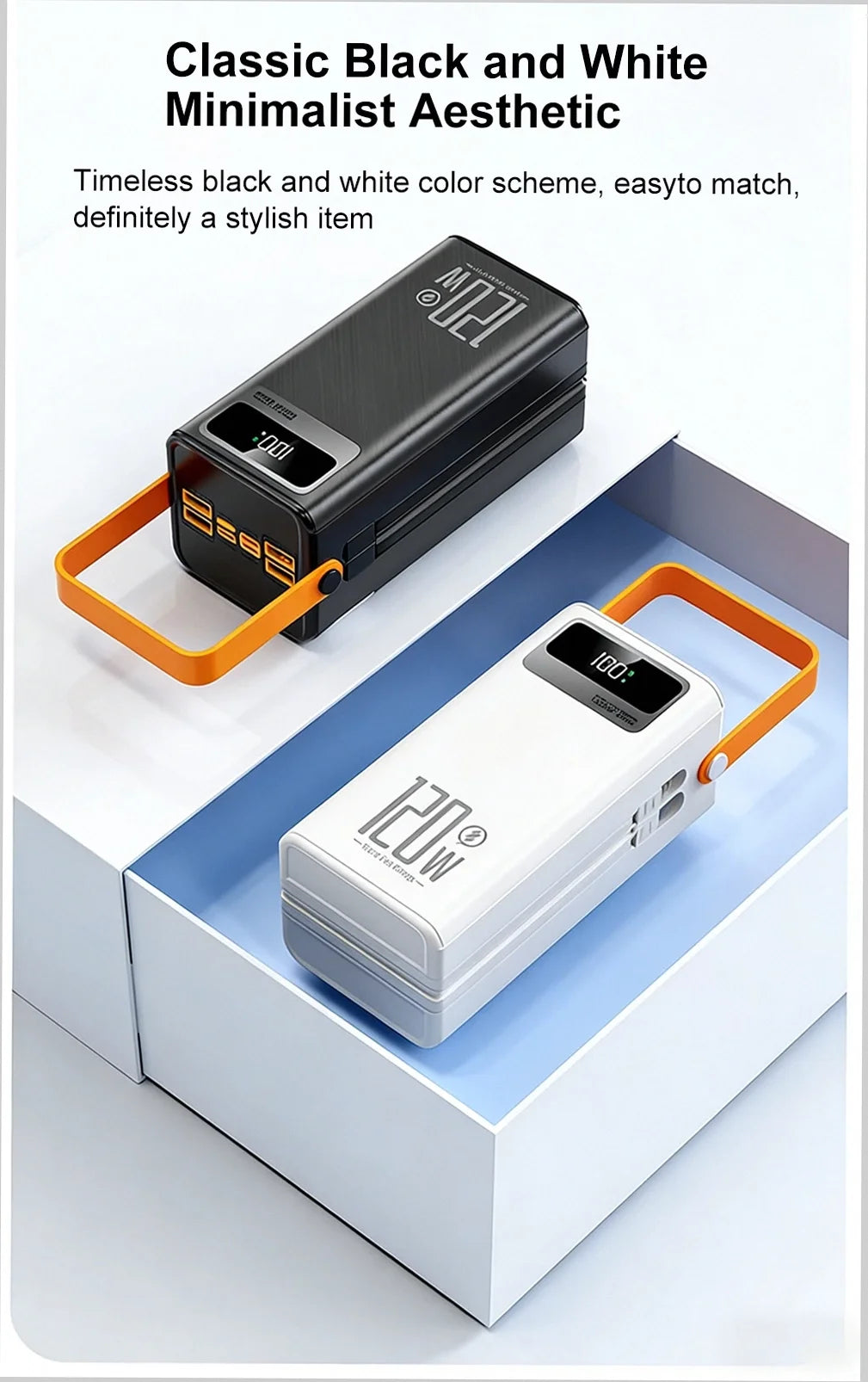 Two power banks, one black and one white with orange accents, on a white surface.