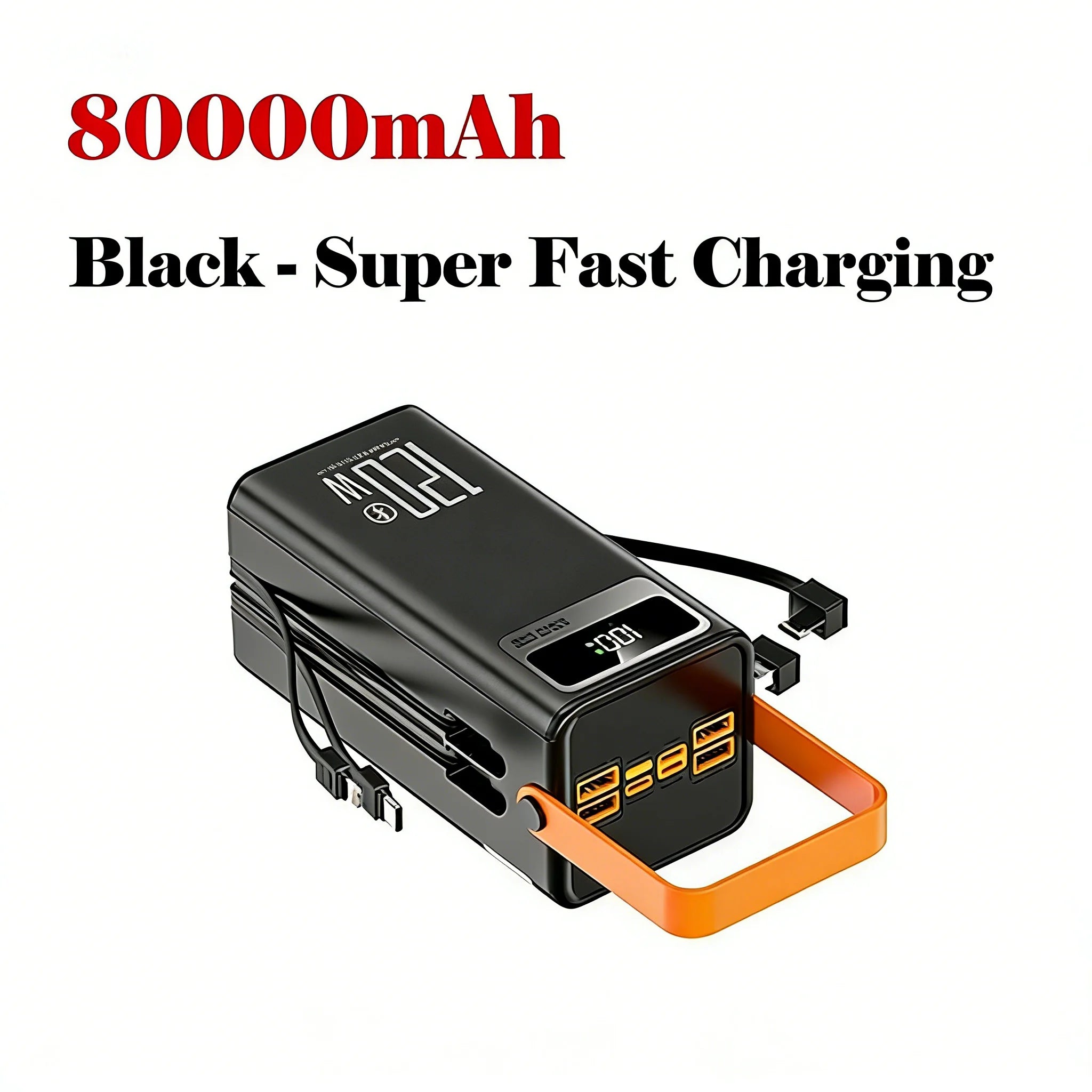 Black power bank with 80000mAh capacity and super fast charging feature on a white background.