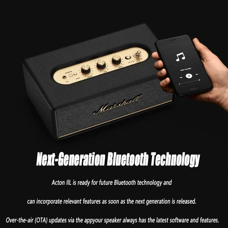 Marshall speaker with smartphone displaying music app on a black background