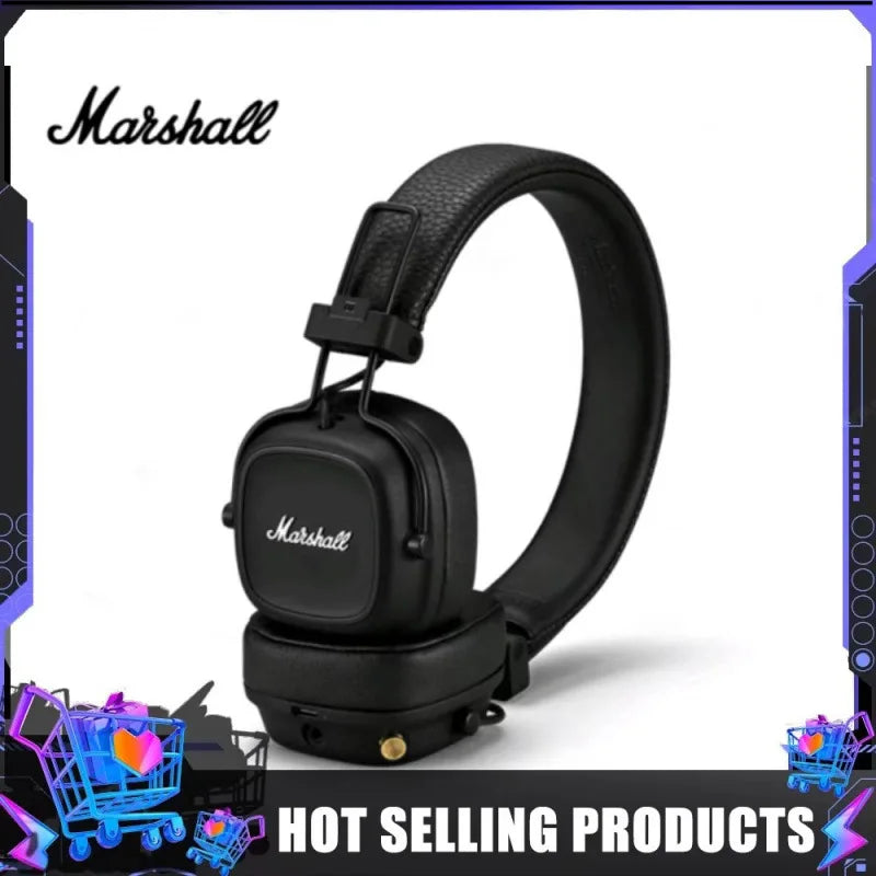 Black Marshall headphones on a white background with colorful shopping carts at the bottom.