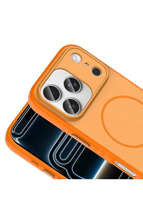 Orange phone case with camera lens and charging pad on a white background
