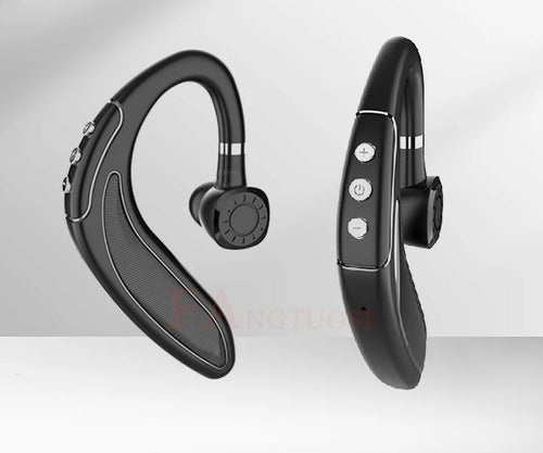 Black Bluetooth headset on a white background to put around the ear
