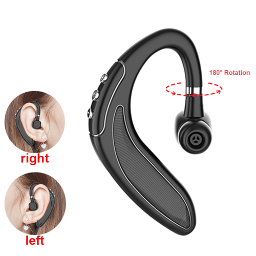 Black Bluetooth earbud with 180-degree rotation feature on a white background