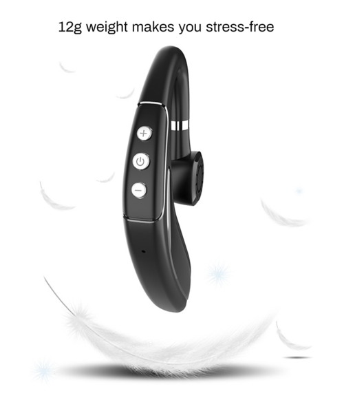 Black Bluetooth headset on a white background with text '12g weight makes you stress-free'.