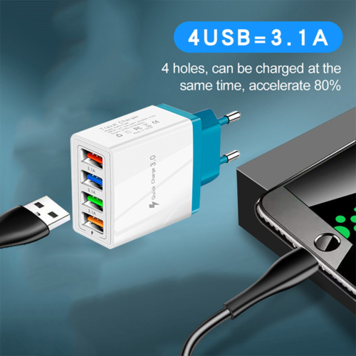 USB charger with four ports charging a device on a blue gradient background