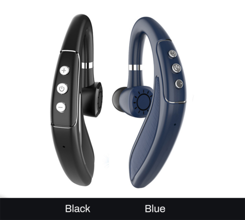 Black and blue Bluetooth earbuds on a white background