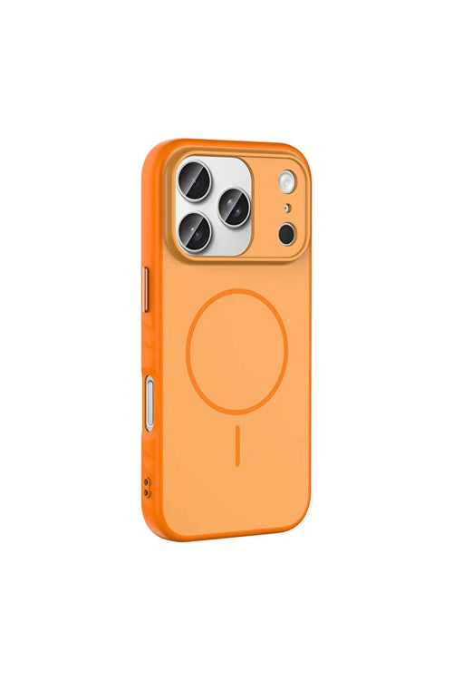 Orange phone case with a circular design on a white background