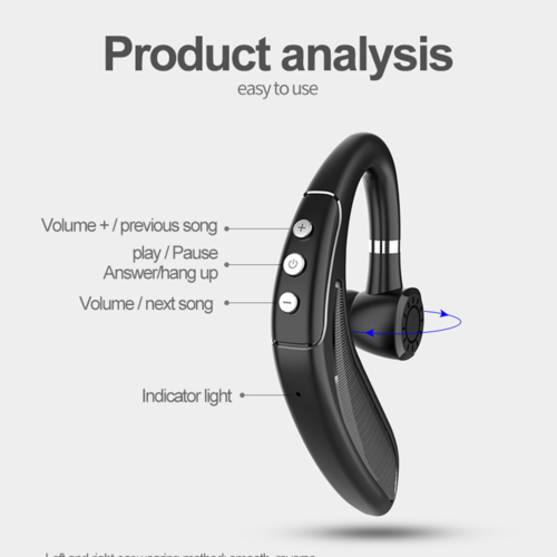 Black Bluetooth headset with labeled buttons on a white background