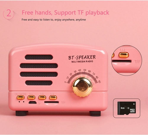 Pink Bluetooth speaker with gold accents on a pink background
