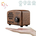 Wooden Bluetooth speaker on a white background with connectivity icons above it.